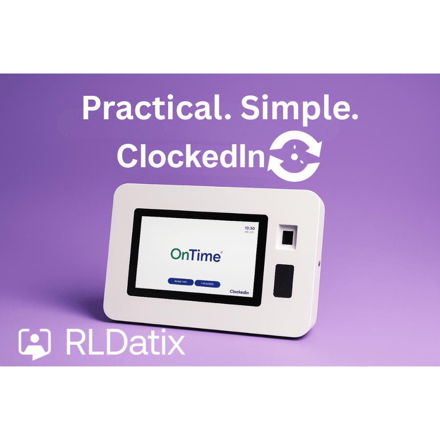 ClockedIn hero image featuring the OnTime device on a soft purple gradient background with the text “Practical. Simple. ClockedIn.”